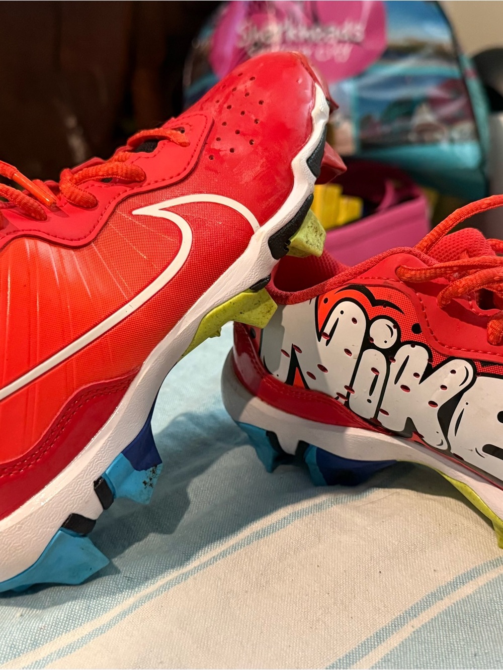 Nike Kids Red Soccer Cleats with White Swoosh and Multicolor Studs WORN ONCE